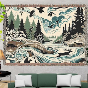 Woven Woodland Nature Blanket, Rustic Forest Throw, Wildlife Design, Cozy Tapestry Blanket, Cabin Decor, Gift for Nature Lovers.