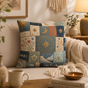 Funda de almohada celestial vintage, cojín de luna y estrella
