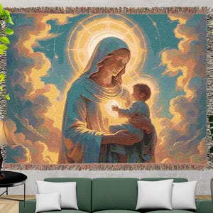 Virgin Mary and Baby Jesus Woven Blanket | Catholic Throw | Religious Home Decor | Marian Gift | Spiritual Tapestry Blanket.