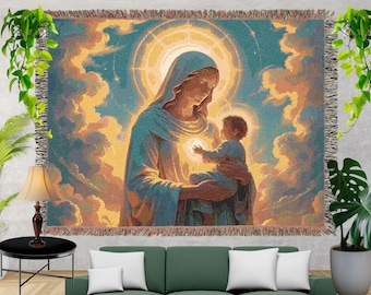 Virgin Mary and Baby Jesus Woven Blanket, Catholic Home Decor