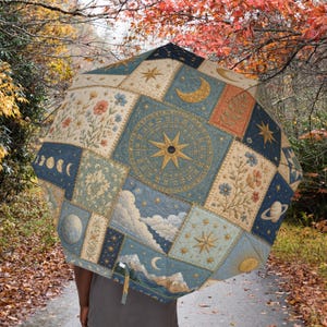Paraguas plegable de patchwork celestial, paraguas de viaje con diseño de luna y estrella del zodíaco.
