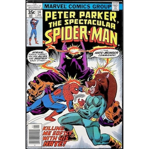 May include: A vintage Marvel comic book titled Peter Parker, The Spectacular Spider-Man number 14, dated January 1977. The cover features Spider-Man fighting a character with a boar head mask while a large purple Hate-Monger looms in the background.