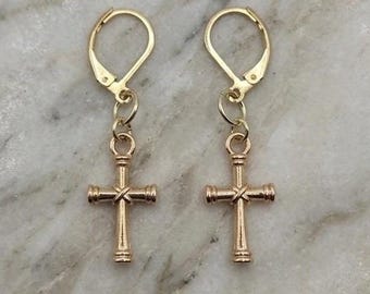 Handmade Earrings Gold Toned Cross Leverback Hypoallergenic #