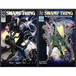 Könnte beinhalten: Zwei Comic-Cover von Swamp Thing. Das erste Cover zeigt eine dunkle, monströse Figur mit Tentakeln und Gesichtern. Das zweite Cover zeigt Swamp Thing in einer lila und grünen Umgebung mit anderen Kreaturen.