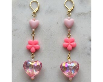 Handmade Earrings Gold Tone Pink Floral Heart Drop Dangle Leverback Kidcore
