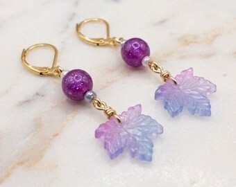 Handmade Earrings Purple Blue Ombre Leaf Gold Tone Drop Dangle Leverback