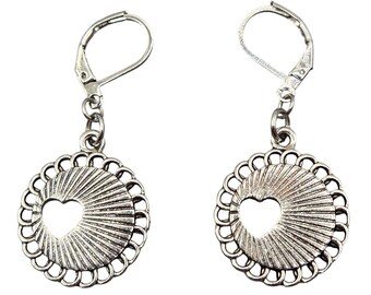Earrings Silver Tone Heart Circle Leverback Vintage Inspired Whimsical