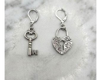 Handmade Lock and Key Earrings Whimsy Silver Tone Leverback Heart Skeleton Key