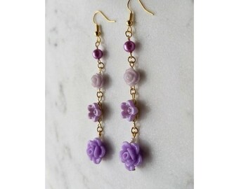 Handmade Drop Earrings Purple Floral Faux Pearl Gold Tone Hypoallergenic