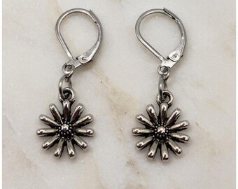 Handmade Earrings Silver Daisy Leverback Stainless Steel Hypoallergenic Floral
