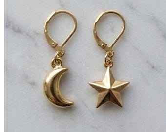 Handmade Earrings Crescent Moon and Star Leverback Celestial Gold Tone
