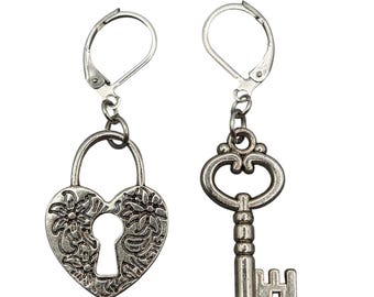 Handmade Earrings Silver Tone Whimsical Heart Lock and Key Hypoallergenic