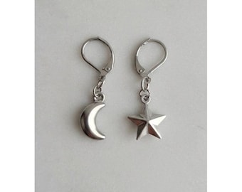 Handmade Earrings Celestial Crescent Moon and Star Stainless Steel Leverback