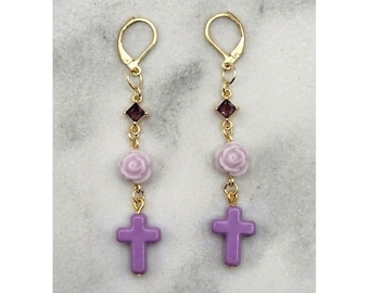 Handmade Earrings Gold Toned Purple Rose Cross Faux Gemstone Leverback Romantic