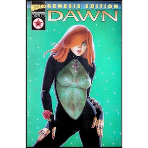 May include: Comic book cover featuring the character Dawn. The cover has a green background with white stars. Dawn has red hair and wears a black bodysuit with a green, skull-patterned chest piece. The title "DAWN" is at the top.