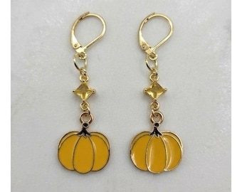 Handmade Earrings Yellow Enamel Pumpkin Gold Tone Gem Fall Leverback