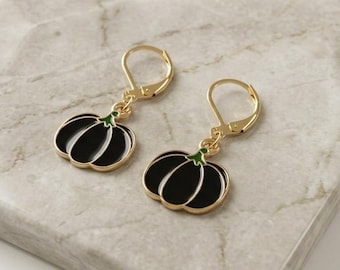 Handmade Earrings Gold Tone Black Goth Pumpkin Leverback Hypoallergenic Fall