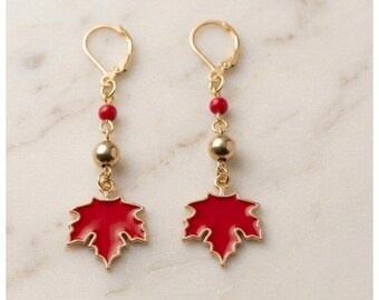 Handmade Earrings Red Enamel Maple Leaf Gold Tone Fall Jewelry autumn whimsical