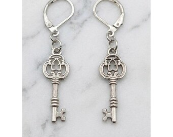 Handmade Earrings Silver Tone Whimsical Skeleton Key Stainless Steel Leverback