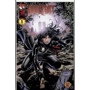 May include: Comic book cover titled "Blood Legacy" featuring a woman in a black outfit, kneeling on a rocky surface. The background includes a cityscape and foliage. The cover art is in a comic book style with bold lines and vibrant colours.
