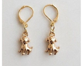 Handmade Earrings Gold Toned Cute Puppy Dog Leverback Hypoallergenic Whimsical