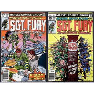 May include: Two vintage Marvel Comics Group Sgt. Fury and His Howling Commandos comic books. Issue 155 features D-Day for Dum Dum, while issue 143 displays the text If Britain Should Fall, both showcasing colorful war-themed action illustrations.