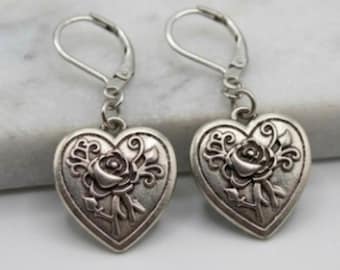 Handmade Earrings Silver Tone Heart Rose Locket Leverback Stainless Steel