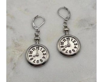 Handmade Faux Clock Earrings Silver Tone Heavy Leverback Hypoallergenic