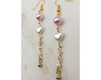 Handmade Earrings Gold Pink Faux Pearl Heart Drop Dangle Pearlcore