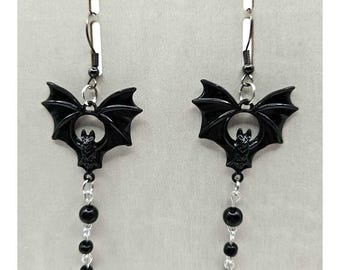 Bat Earrings Dangle Drop Black Bead Halloween Gothic Emo Witchy Jewelry Handmade