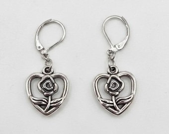 Handmade Earrings Silver Tone Romantic Heart Rose Leverback Hypoallergenic