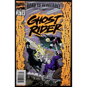 Può includere: Copertina del fumetto Ghost Rider #41 della Marvel Comics, con il titolo in grandi lettere arancioni. L'artwork mostra una scena di battaglia con personaggi in azione, circondati da catene e uno sfondo viola e arancione.