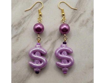 Handmade Earrings Purple Faux Pearl Money Sign Weird Drop Dangle Hypoallergenic
