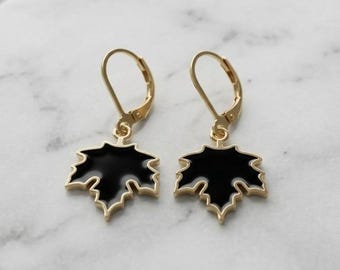 Handmade Earrings Gold Toned Black Fall Goth Leaf Leverback Stainless Steel