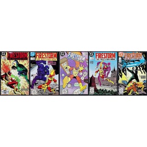 May include: A series of five vintage Firestorm comic books. Each cover features vibrant illustrations of the Nuclear Man in action, with bold colors and dynamic poses. The comic book covers are framed in black.