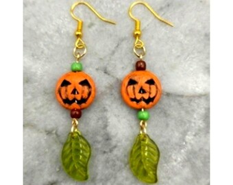 Handmade Earrings Gold Toned Pumpkin Jack-O-Lantern Drop Dangle Halloween
