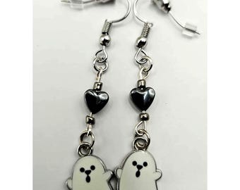 Ghost Earrings Dangle Drop Silver Tone Hematite Heart Halloween Cute Handmade