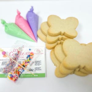 Op de afbeelding: DIY-koekjesset met vlinder-vormige suikerkoekjes, drie spuitzakken met glazuur, sprinkles en een houten stokje met een roze balletje aan het uiteinde. De instructies zijn afgedrukt op een kaart.