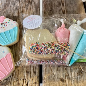 Op de afbeelding: Een cupcake-decoratieset in een doorzichtige plastic zak. De set bevat twee suikerkoekjes in de vorm van cupcakes, een met blauwe frosting en een met roze frosting, een rechthoekig suikerkoekje met sprinkles, drie zakjes frosting en een zakje sprinkles. De zak bevat ook een houten stok om de frosting te verspreiden.