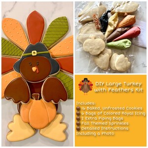 May include: DIY Large Turkey with Feathers Cookie Kit. Includes 16 un-frosted cookies, 6 bags of colored royal icing, 2 piping bags, fall themed sprinkles, and detailed instructions with a photo.