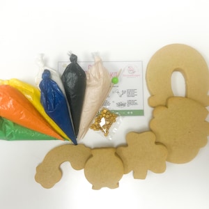 Può includere: Un kit per decorare i biscotti con sei sac à poche riempite di glassa di diversi colori, un sacchetto di codette dorate e cinque stampini per biscotti a forma di pentola d'oro, ferro di cavallo, trifoglio e due arcobaleni. Il kit include istruzioni per decorare i biscotti.