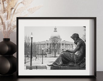 Boston Landmark Photograph, Black and White Photo Print, State House Photograph, Boston History, Wall Art, Boston Commons (Digital Product)