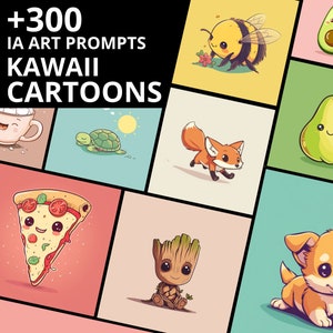 Op de afbeelding: Een verzameling kleurrijke kawaii cartoon illustraties, waaronder een bij, vos, schildpad, pizzapunt en puppy. De afbeelding bevat de tekst "+300 IA ART PROMPTS KAWAI CARTOONS" in witte letters op een zwarte achtergrond.