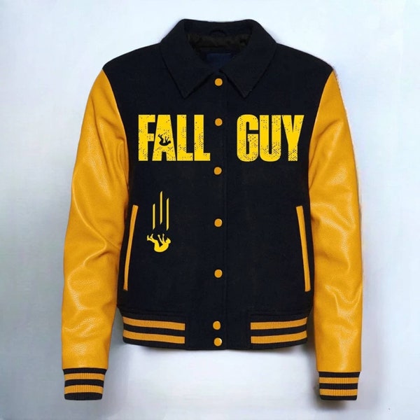 Handmade Ryan Gosling Varsity Bomber Jacket - The Fall Guy Black & Yellow Lettermen Hooded Jacket