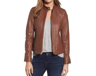 Women Handmade Brown Biker Slim Fit Leather Jacket, Genuine Lambskin Leather Jacket Women