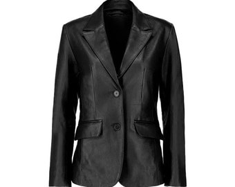 Handmade Women Classic Black Leather Two Buttoned Blazer