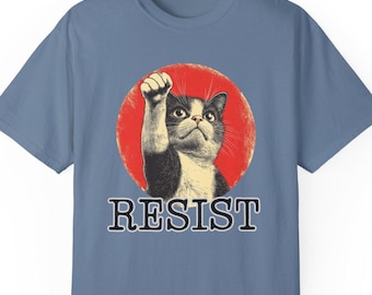 Resist Cat T-Shirt | Unisex Kitten Tee | Animal Lover Gift | Protest Apparel | Cat Mom Dad Shirt | Funny Cat TShirt | Childless Cat Lady