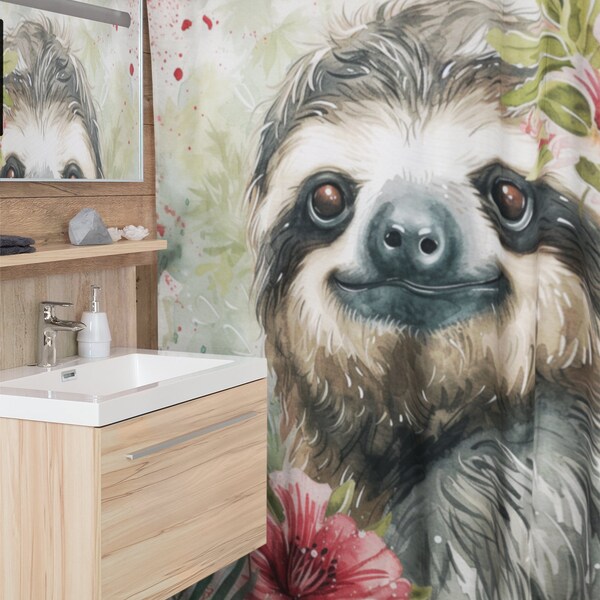 Adorable Floral Sloth Shower Curtain | Cute Shower Curtain | Shower Curtain Cute | Cute Bathroom Decor | Floral Home Decor | Shower Curtains