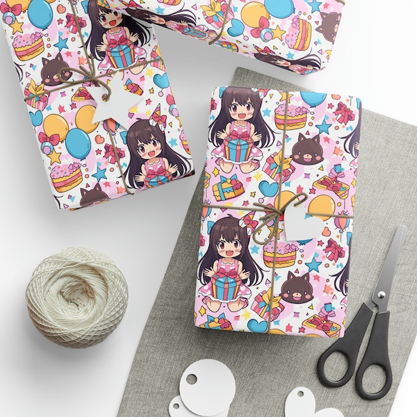 Kawaii Anime Birthday Wrapping Paper | Funny Wrapping Paper | Birthday Wrapping Paper | Cute Wrapping Paper | Manga Gift Wrap | Otaku Gift