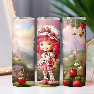 4 PNG Envoltura de vaso, 20oz Skinny Tumbler, Diseño de sublimación, Descarga digital PNG, fresas, Cute, Cartoon, Comic, dibujo animado